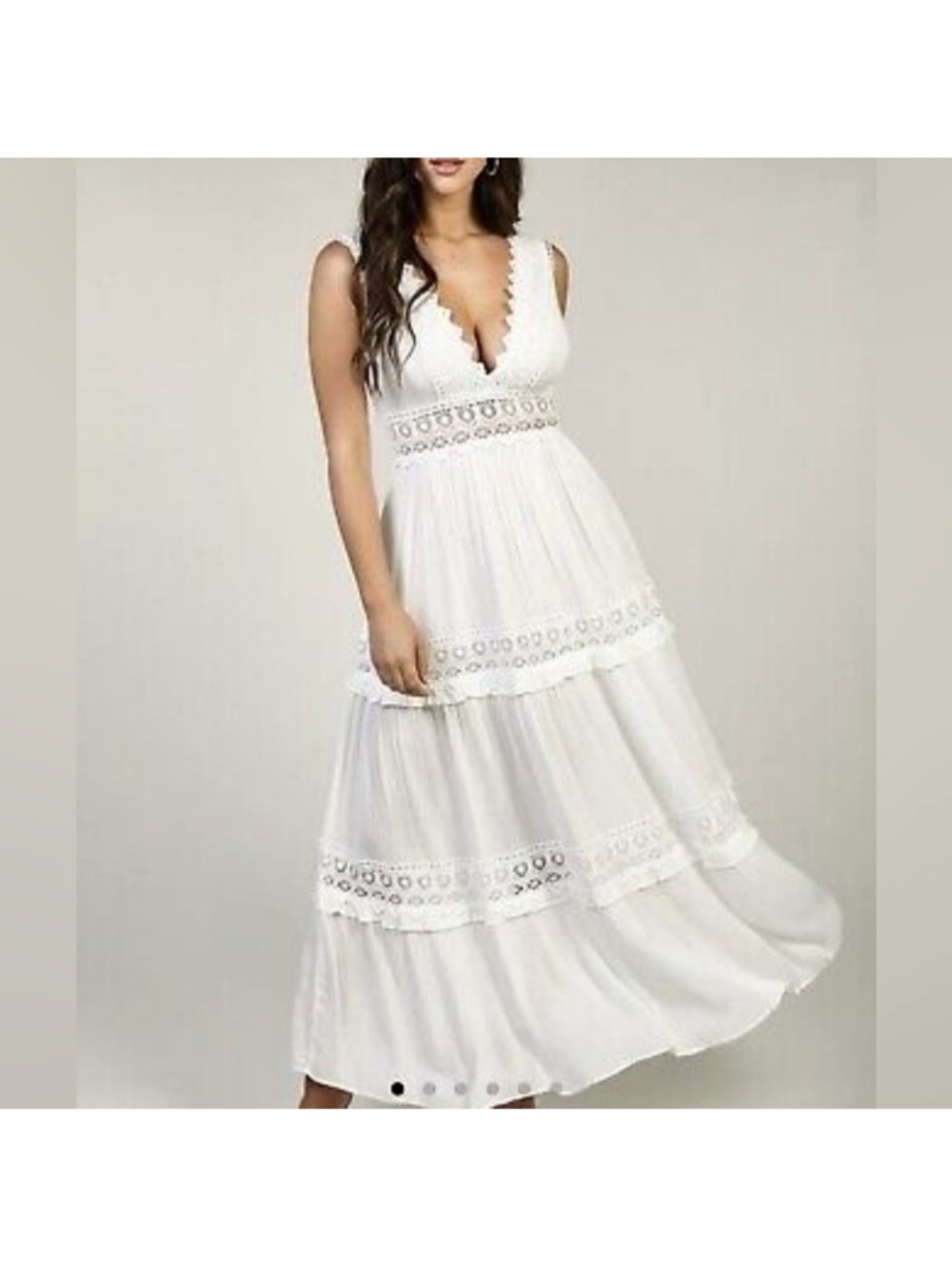 Mable Savanna White Maxi Plunging Neckline Dress SZ M